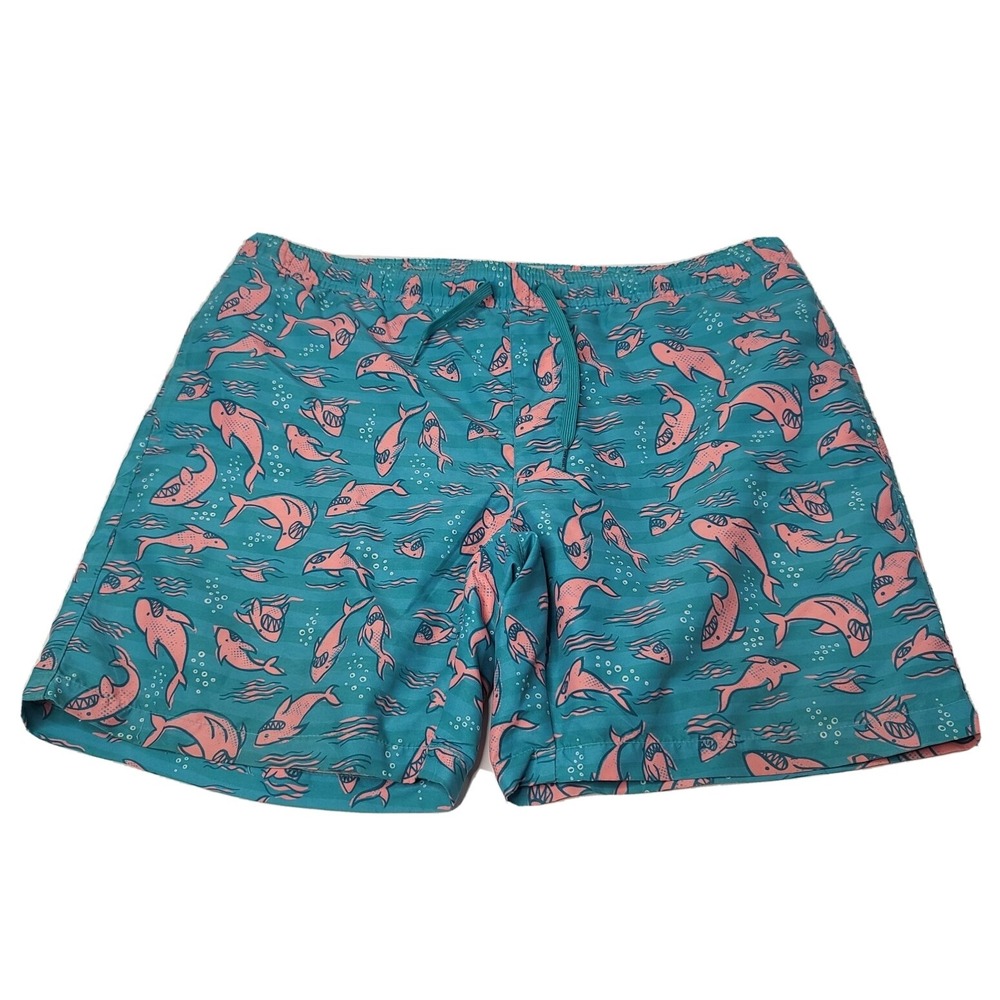 TIPSY ELVES Mens Teal/pink 80s Retro Sharks & Waves Print Shorts Size- L Lined